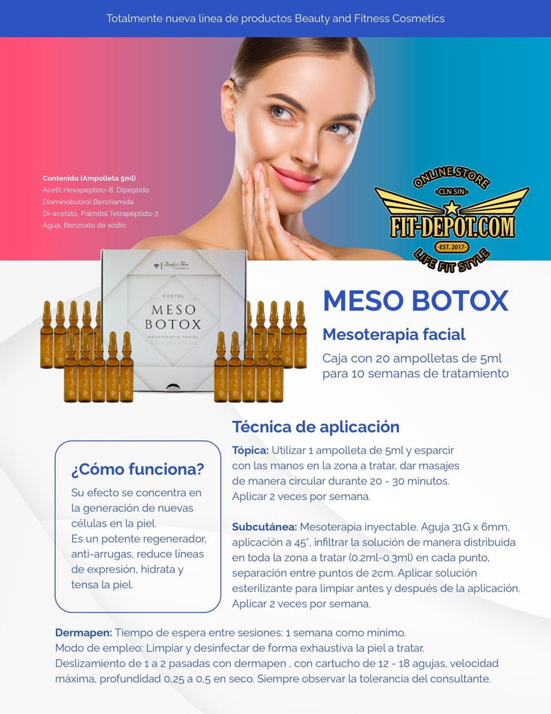 MESO BOTOX - Mesoterapia facial de hidratación profunda. Promueve producción de colágeno - 20 ampolletas de 5 ml- SPA Premium - mesoterapia
