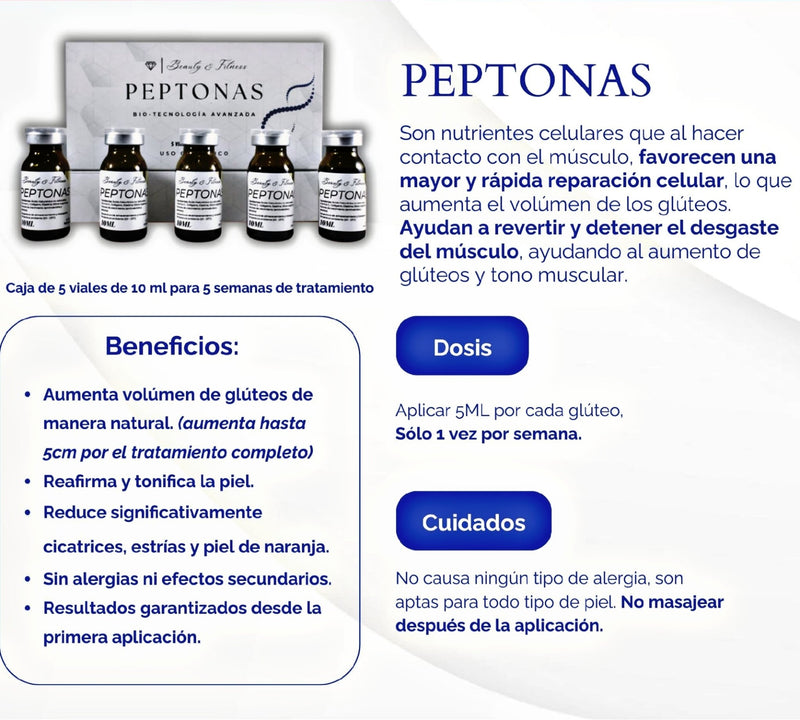 PEPTONAS - Crecimiento de fibras musculares en glúteos, incrementa volumen y tono muscular - caja con 5 frascos de 10 ml- SPA Premium - mesoterapia